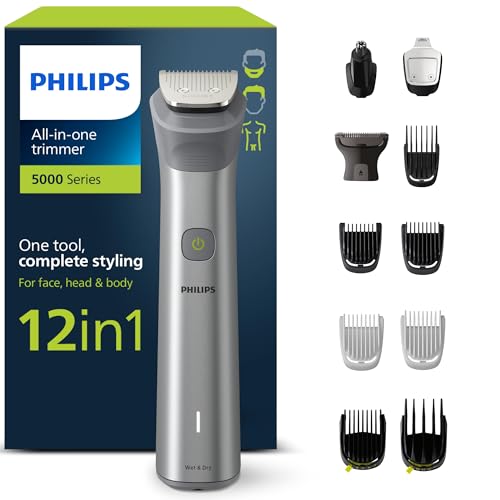 Philips Aparador de barba série 5000, máquina de cortar cabelo, corta-pelos para homem, kit 12 em 1 para rosto, cabelo, orelhas, nariz e corpo, 120 min de uso, seco e húmido, recarregável, capa,
