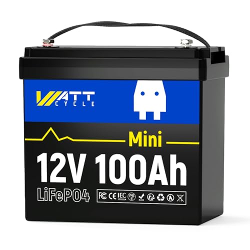 WattCycle 12 V 100 Ah Mini LiFePO4 Lithium Battery Mini, BMS 100A, proteção contra baixas temperaturas, 15.000 ciclos profundos, 1280 Wh para armazenamento doméstico, barcos, carrinho de golfe, RV