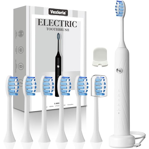 Vexloria Escova de dentes elétrica sónica para adultos e crianças, escova elétrica com 6 cabeças, 5 modos e temporizador, IPX7 escova de dentes elétrica ultra-sónica para mulheres e homens, branco