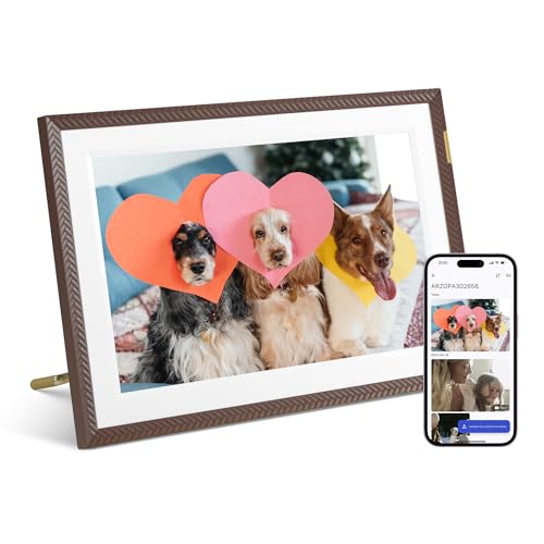 ARZOPA Moldura de fotos digital WiFi de 10,1 polegadas 32 GB grátis Arzopa App partilha remota fotos e vídeos ilimitados 1280 x 800 IPS HD ecrã tátil moldura fotos digital D10 castanho