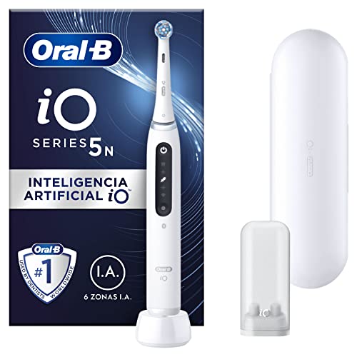 Oral-B iO 5N Escova de dentes elétrica branca com cabo recarregável, 1 cabeça e estojo de viagem, 5 modos de escovar com branqueamento dental, sensor de pressão, desenhado por Braun