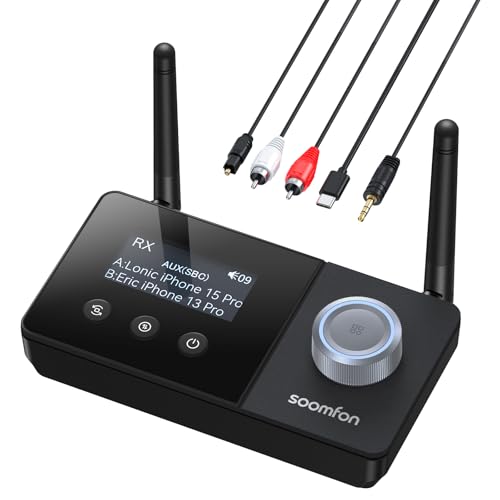 SOOMFON Transmissor recetor Bluetooth 5.3, 3 em 1 adaptador Bluetooth áudio, recetor Bluetooth AUX conexão dupla longa alcance 30 m, emissor Bluetooth para TV/Auriculares/Sistemas de som e muito mais