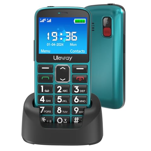 Telefone móvel para idosos com teclas grandes, GSM fácil de usar telemóvel para idosos, duplo SIM telemóvel básico com botão SUS, base de carregamento, bateria de 1000 mAh, câmera, tocha (verde)