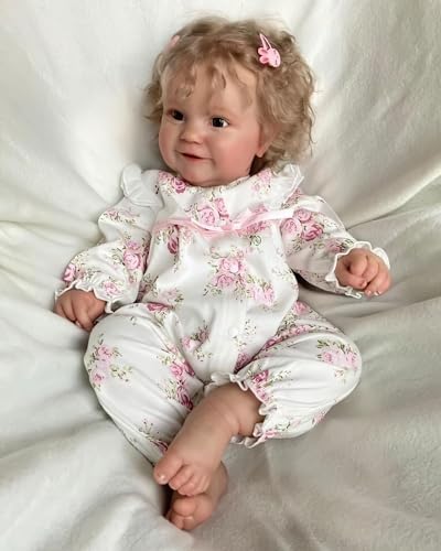 MineeQu 50 cm Vida real premium cabelo loiro enraizado doce sorriso rebelde bebé bonecas de silicone de corpo inteiro realista recém-nascida menina, corpo de peluche conjunto de presente