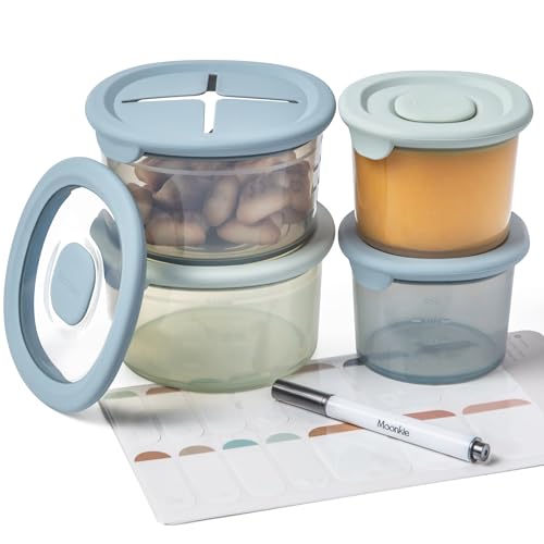 Moonkie Frascos para bebés de silicone (2 pacotes de 4 oz + 2 pacotes de 8 oz), frascos para alimentos para bebé, recipientes de comida para bebé, frascos de conservação 100 % herméticos, sem BPA,