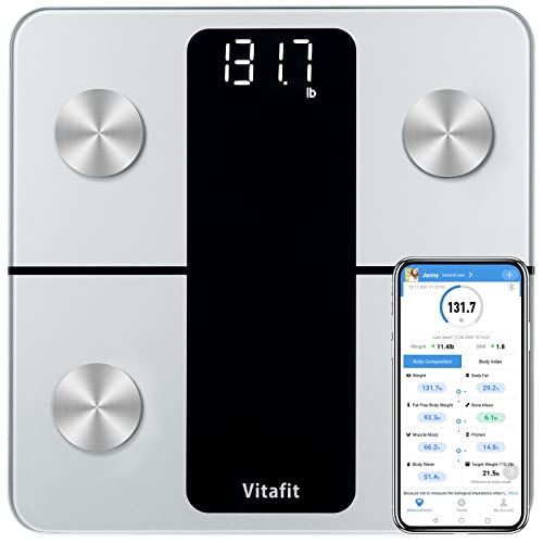 Vitafit balança de casa de banho digital, fábrica profissional desde 2001, base de gordura corporal e muscular com aplicação, balança inteligente 13 composição corporal peso IMC muscular, 180 kg prata