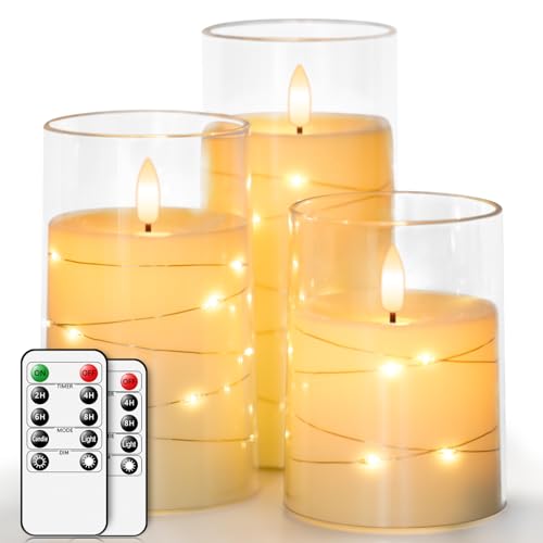 salipt Velas LED com efeito de vidro, vela elétrica, efeito de chama, velas a pilhas sem chama com controlo remoto, temporizador, conjunto de 3, 7,6 cm de diâmetro, 10,2 12,7 15,3 cm de altura