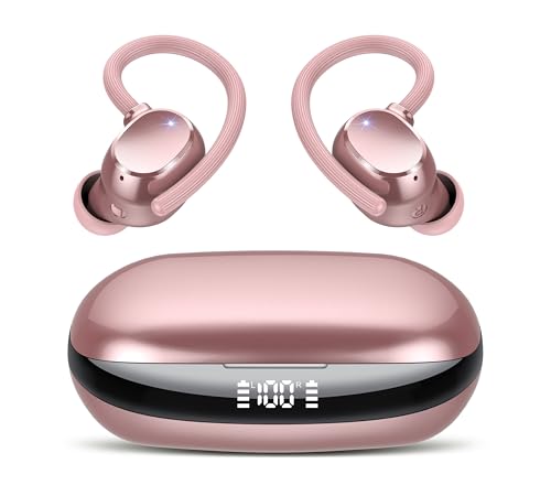 Tukio Auriculares sem fios Bluetooth 5.4, HiFi estéreo desportivos com 4 ENC, cancelamento de ruído HD microfone, 80H capacetes sem fios Bluetooth LED, rosa claro