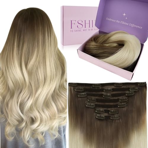 Fshine Extensões de clipe de cabelo natural 60 cm liso castanho escuro médio com loiro extensão cabelo clipe 120 g 7 peças extensões naturais clipe Remy com fumo cabelo