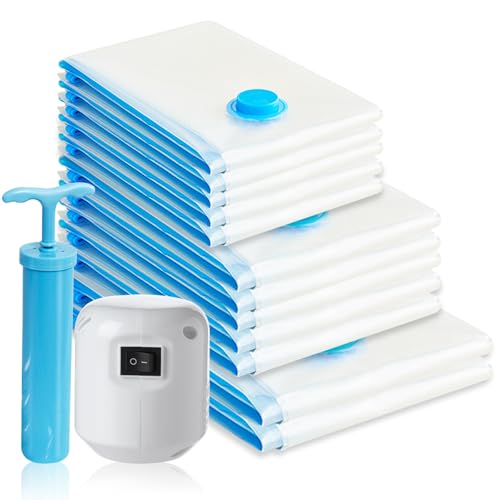 Geoyien Sacos vácuo roupas, 12 peças sacos a vácuo roupas, Vacuum Storage Bags, com bomba de vácuo elétrica e manual, compressão rápida, flexível e sem fugas de ar, para roupas, edredões (3 tamanhos)