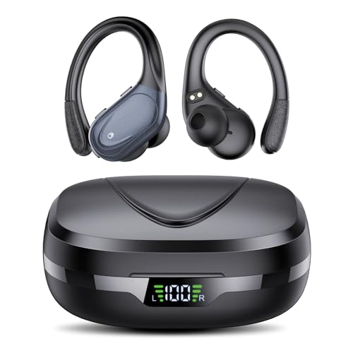 Auriculares sem fios, auriculares Bluetooth 5.3 desportivos com gancho de orelha, 60H de reprodução, ecrã LED, chamada ENC HD, profundamente baixo, ajuste confortável, IPX7 impermeável (preto).