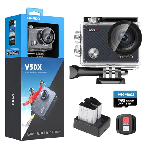 AKASO V50 X Câmara desportiva 4K com 128 GB microSDXC U3 cartão de memória câmara de ação Wi-Fi 20 MP câmara aquática submergível 40 m com ecrã tátil controlo remoto multi acessório