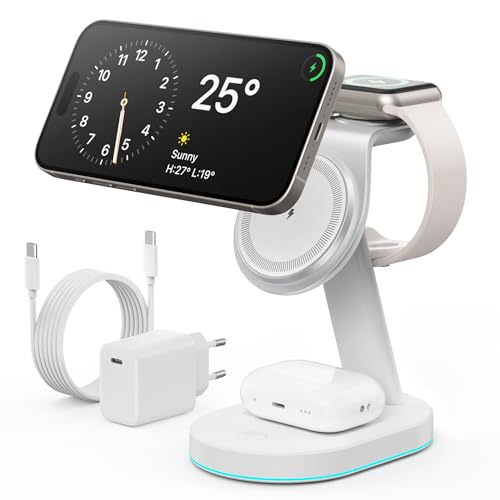 Estação de carregamento sem fios 3 em 1, certificação Qi2 15 W mag-Safe carregador sem fios rápido, com adaptador USB C e luz suporte de carregamento de viagem para iPhone 16/15/14, Apple Watch