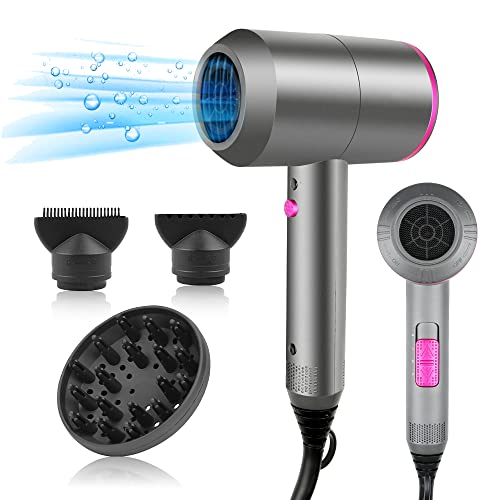 HappyGoo Secador de cabelo iões secador de cabelo profissional iónico, com de cabeça de sopro, Hair Dryer negativos portátil de 3 temperaturas (frio e quente) (cinzento)