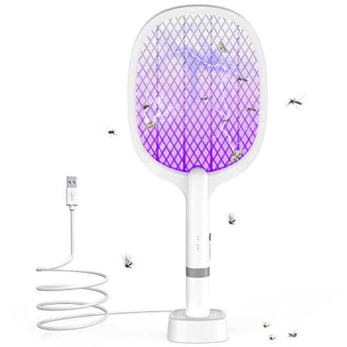 Raquete mosquiteira elétrica, 2 em 1, 5000 V, raquete mosquiteira elétrica com base recarregável, 2 modos, proteção de malha de três camadas, para uso interno e ao ar livre