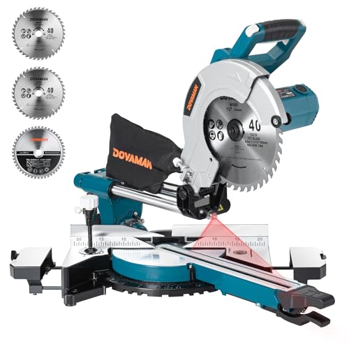 DOVAMAN DMS01A Ingletadora, 2000 W serra de esquadria, 3 lâminas para madeira, metal, branco, 3200/5000 rpm, operação manual Izq./D., guia a laser, 9 ocos positivos, capacidade de corte 90 x 3400 MM