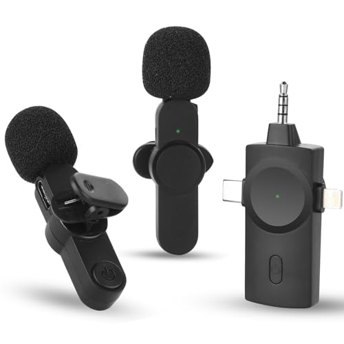 UTEBIT Microfone sem fios (2 Mic), microfone Bluetooth de redução de ruído 3 em 1 para iPhone/iOS/Android/PC/computador portátil, plug & play microfone de lapela para gravação de vídeo