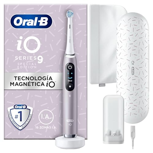 Oral-B iO 9 Escova de dentes elétrica com cabo recarregável, 1 cabeça, estojo de viagem com carregador e capa magnética, desenhado por Braun, presentes originais para mulher e homem - rosa