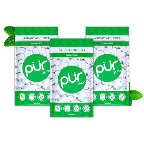 PUR Gum Maquete sem açúcar | Com Xilitol | vegano, sem partamo e sem glúten, pastilha natural com sabor a Spearmint, 55 peças (embalagem de 3)