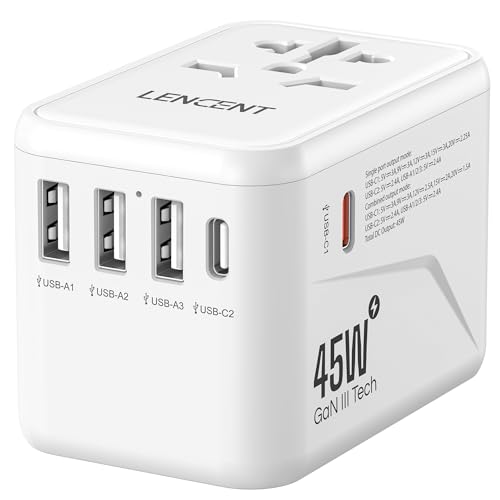 LENCENT Adaptador de tomada universal GAN III de 45 W, carregador internacional com 3 USB-A e 2 USB-C PD carregamento rápido, adaptador de viagem para telemóvel, tablet, portátil (EUA/UE/US), tipo