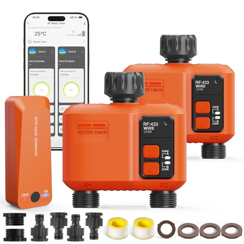 2 Temporizadores de rega Wi-Fi com gateway para mangueira (300 m Alcance) - Controlo de aplicação/voz, 2 zonas, atraso de chuva, manual para jardins grandes