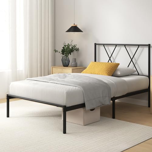 Zinus Cama Elias 90 x 190 cm, Sommier de metal com cabeceira, altura 30 cm, cama com estrado de folhas de metal, fácil montagem - espaço de armazenamento debaixo da cama - preto