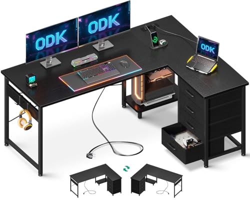 ODK Mesa de canto com gavetas, mesa em L com tomadas e porta de carregamento USB, secretária esquina reversível com armazenamento para escritório em casa, preto, 135 × 100 cm