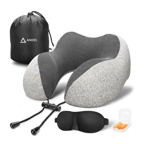 Andes Almofada de viagem, almofada avião. Almofada de viagem para avião, carro, comboio, autocarro. Espuma viscoelástica portátil e confortável. Inclui bolsa de transporte, máscara de olhos e tampões