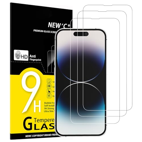 NEW'C 3 peças, protetor de ecrã para iPhone 14 Pro (6,1 polegadas), vidro temperado anti-riscos, anti-impressões digitais, sem bolhas, dureza 9H, 0,33 mm ultra transparente, ultra resistente
