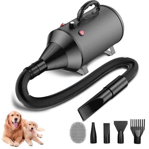 Blanlody Secador de cabelo de cão Blaster 3800 W/5,2 HP, secador de cabelo para animais de estimação, aquecedor de temperatura de baixo ruído com 4 bicos diferentes e escova de higiene para animais de