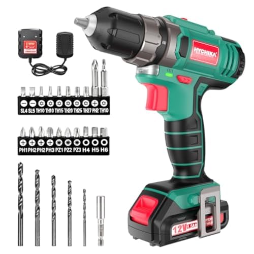 HYCHIKA Broca parafuso 12 V, chave de fenda elétrica, parafuso elétrico de 30 N.m, 21 + 1 configurações par, 2 velocidades ajustável, 25 acessórios, luz LED, carregador rápido