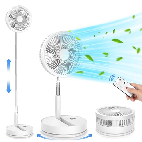 Oscilante ventilador de pé portátil silencioso com remoto, 9" dobrável 7200 mAh, bateria recarregável USB C ventiladores, altura ajustável pequena mesa, ventiladores, chão para casa branco