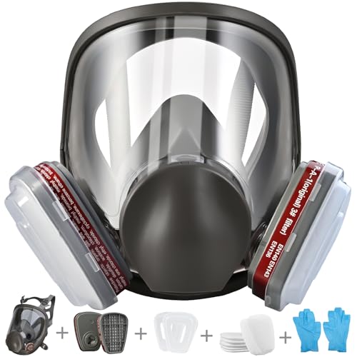 Faburo - Respirator facial completo reutilizável, proteção respirável facial com 10 filtros de substituição, 5 pares de luvas para pintura, partículas de pó, produtos químicos