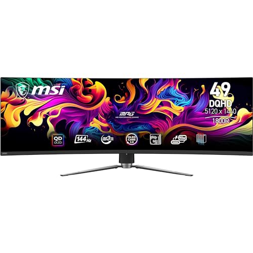 MSI MPG 491CQP QD-OLED Monitor de jogos curvo DQHD de 49", painel Quantum Dot OLED 1800R, 5120 x 1440, 144Hz / 0,03 ms, 99% DCI-P3, par par de cores E≤2, DisplayHDR True Black 4 00, KV. M, DP 1.4A,