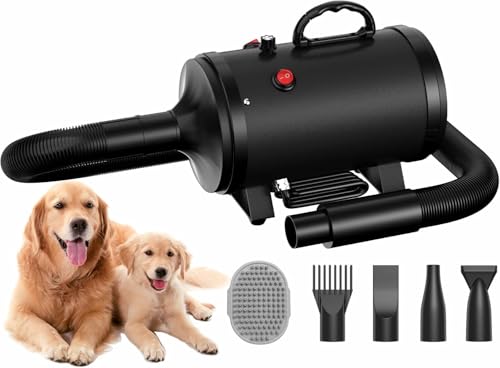 Blanlody Secador de cabelo para cães Blower muito silencioso 4,5 cv / 3200 W motor de velocidade ajustável, para o cuidado de cães com 4 boquilhas diferentes mangueira elástica e escova de cuidados