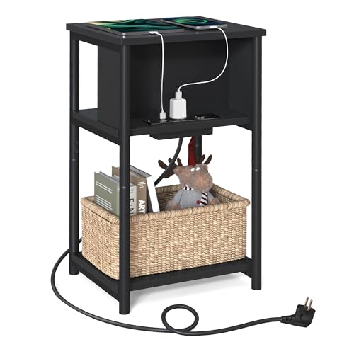 VASAGLE Mesa auxiliar com tomada, mesa de cabeceira com 2 entradas CA e 2 portas USB, 30 x 34 x 58 cm, para sala de estar, quarto, preto LET375B02