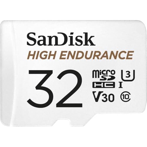 SanDisk HIGH ENDURANCE Video Monitoring for Dashcams & Home Monitoring 32 GB microSDHC Memory Card SD Adaptor, Up to 100 MB/s read and 40 MB/s Write, Class 10, U3, V30, White