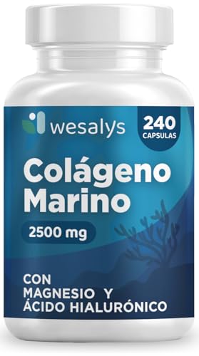 Colágeno marinho hidrolizado 2500 mg com magnésio e ácido hialurónico, 240 cápsulas, com vitamina C natural, para cartilagens, ossos e pele, alta dose, peptídeos de colagénio marinho puro