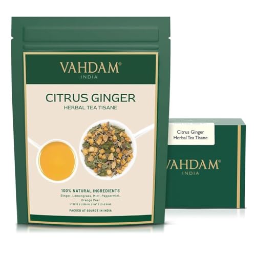 VAHDAM, Tisana de chá de ervas de gengibre cítrico (50 chávenas, 100 g) Gengibre, limão, casca de laranja, menta | folhas soltas de chá de ervas, embalagem selada a vácuo
