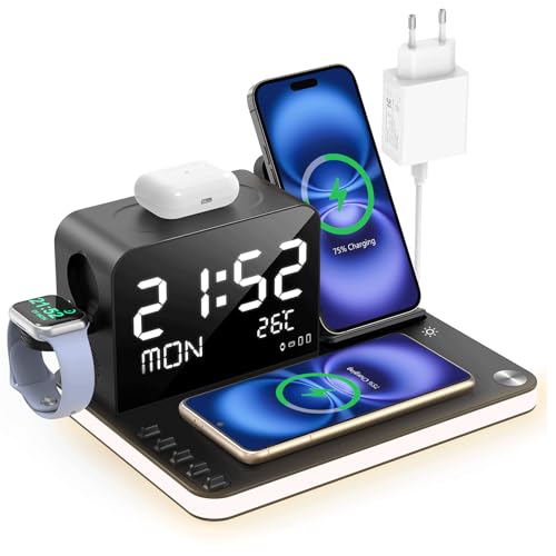 7 em 1 Carregador sem fio: com relógio digital, temperatura e data, compatível com iPhone 16/15/14/13 séries, Sam Sung S24/S23, AirPods, TWS & iWatch, luz LED ajustável de noite e carregamento rápido