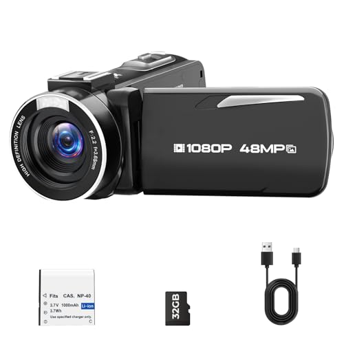 CAMWORLD Câmara de vídeo 1080P 48MP Câmara de vídeo, Zoom digital 18X com ecrã rotativo 270° 3,0", Vlogging Youtube câmara com cartão de 32 GB e bateria