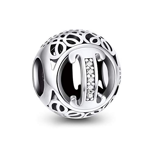 NINGAN A-Z 26 contas encantos pendentes de alfabeto contas prata de lei 925 com zircônia cúbica transparente compatível com pulseira Pandora e europeu, encantos de letra para mulher menina