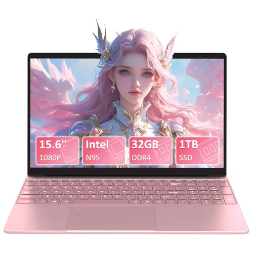 Auusda Computador portátil com 32 GB DDR4 1 TB NVMe SSD, Celeron N95 (até 3,4 GHz)Gaming Notebook de 15,6 polegadas, desbloqueio de impressões digitais, câmara Web, fina e leve portátil profissionais