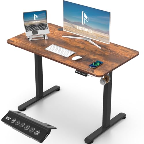 Homall 100 x 60 cm Mesa elevada com tomada USB, secretária elevada elétrica com funções de sistema anticolisão, mesa de secretária com suporte elétrico, castanho