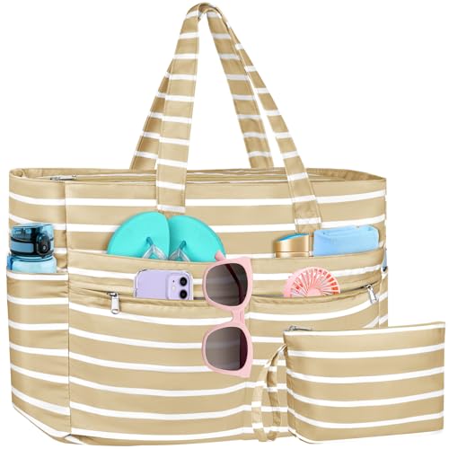 WACCET Bolsa de praia grande mulher, mala de praia impermeável com fecho de correr mala de praia grande XXL familiar 50 l dobrável e leve mala de mão com várias bolsa de tote para praia, viagens