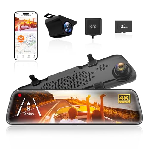 WOLFBOX G840S Câmara de carro 2160P Full HD 12', 5,8 GHz WiFi, 4 K Dashcam com ecrã tátil lente dupla, G-Sensor, gravação em loop, monitor de estacionamento, visão noturna, cartão SD de 32 GB