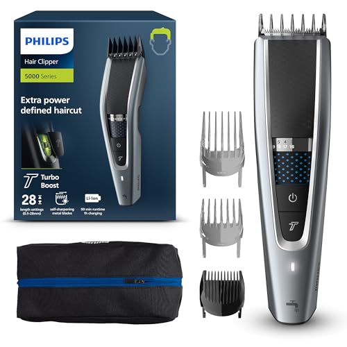 Philips Serie 5000 HC5630/15 - Cortapelos, 28 ajustes de longitud para estilo deseado, 90 min de uso sin cable, incluye 3 peines-guía y funda