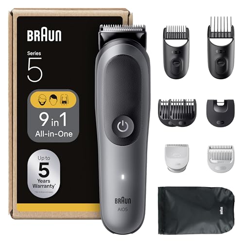 Braun Aparador Tudo em uma série 5, AIO5545, kit de Styling 9em 1 para barba, cabelo, orelhas, nariz e corpo, 120 min, corta-pelos homem com lâmina ultra afiada, recorte preciso e eficiente, cinzento