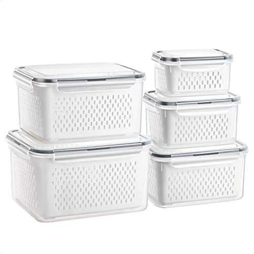 GUWINA Conjunto de 5 recipientes para alimentos com tampa e peneira, empilhável recipientes herméticos para alimentos para conservação de legumes e frutas para micro-ondas e máquina de lavar louça,