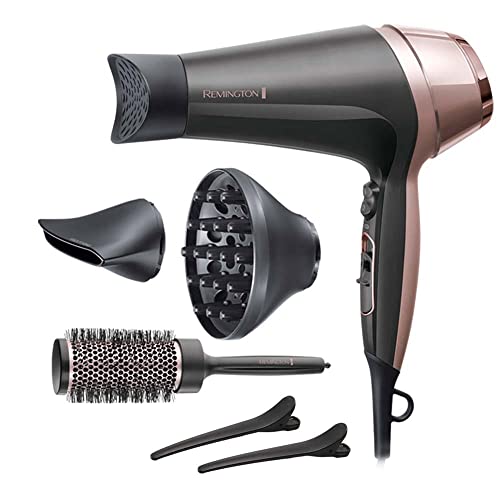 Remington Secador de cabelo Curl & Straight Confidence, 2 em 1 liso e encaracolado, iónico, 2200 W, 2 concentradores, 1 difusor e escova de barril, 3 temperaturas, 2 velocidades, cor preta e rosa,